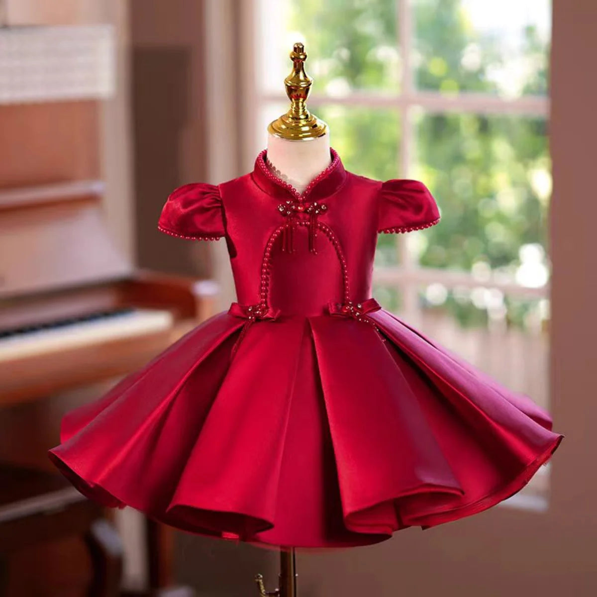 Burgundy Beige Flower Girl Dress Wedding Birthday Party