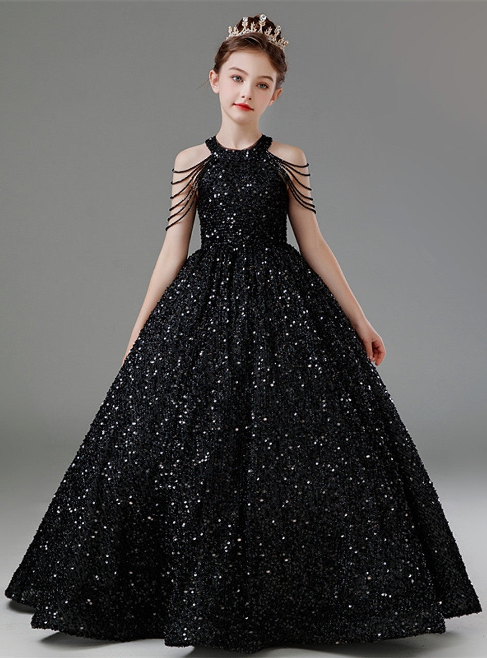 Elegant Black Sequins Halter Beading Flower Girl Dress
