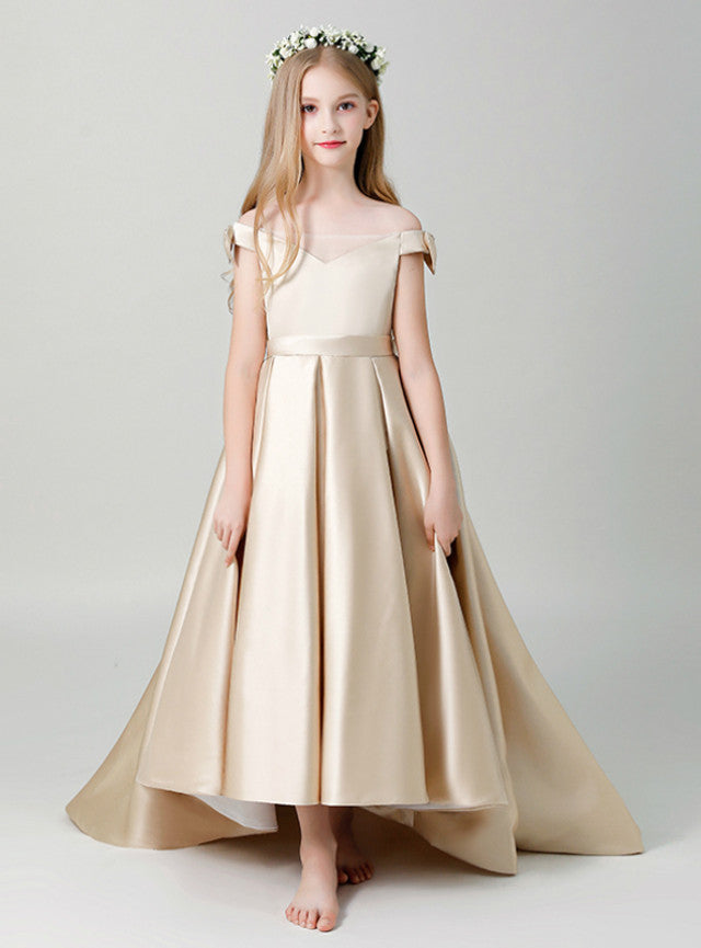 Minimalist  Champagne Satin Off the Shoulder Flower Girl Dress With Bow