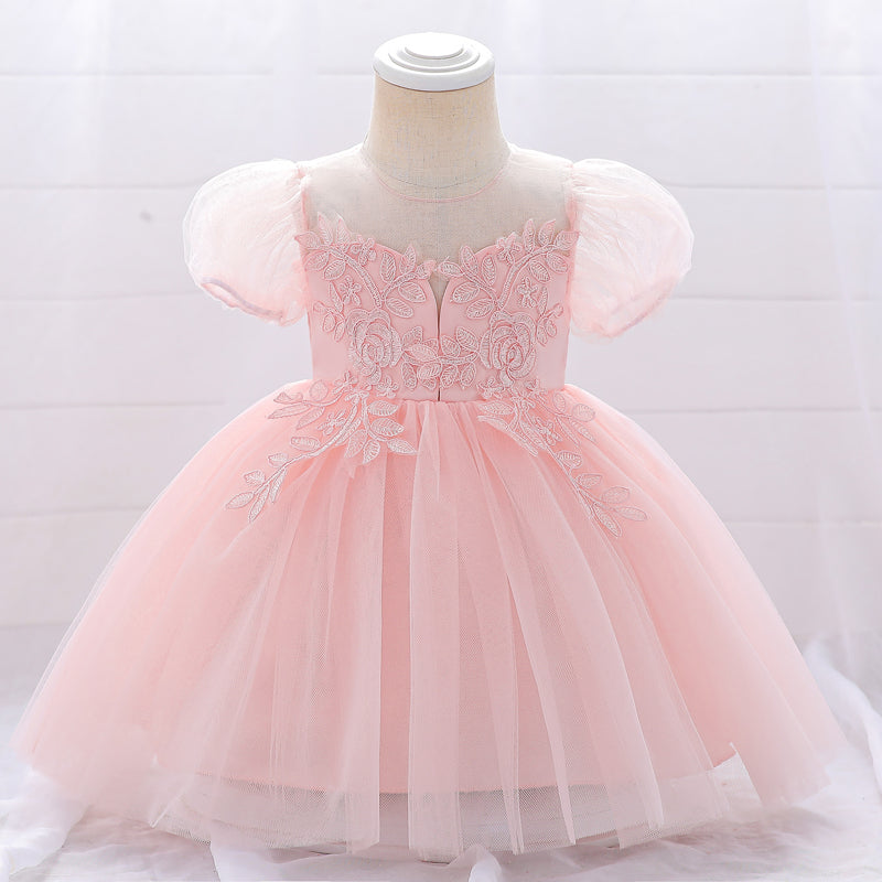 Flower 1 Year Birthday Dress For Baby Girl Clothes Baptism Short Sleeve Princess Dress Girls Dresses Mesh Party Costume