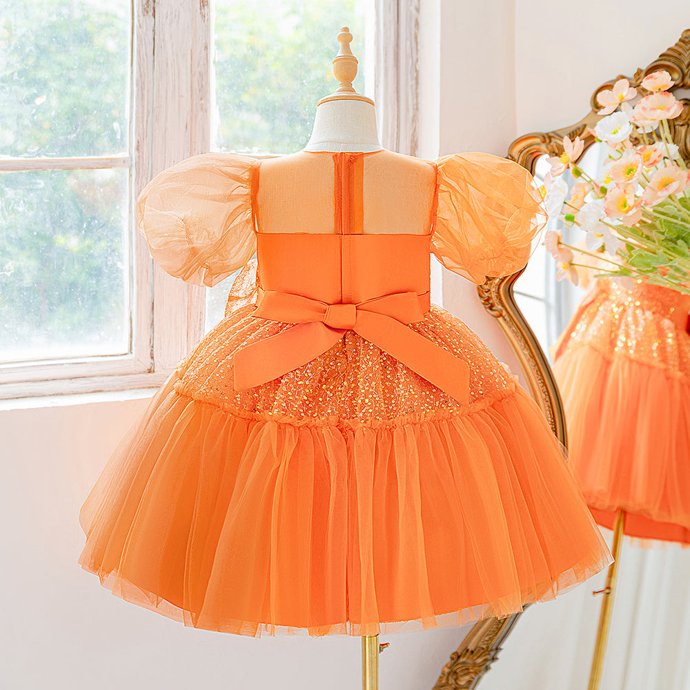 Halloween Orange Girs Party Dresses For Kids Children Clothes Big Bow Princess Dress Sequin Wedding Dress Girl Gown