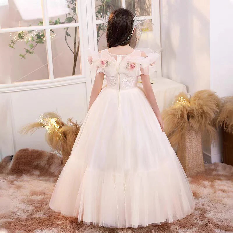 Romantic Champagne Flowers Princess Girl Dress for Birthday Pageant Party Dress