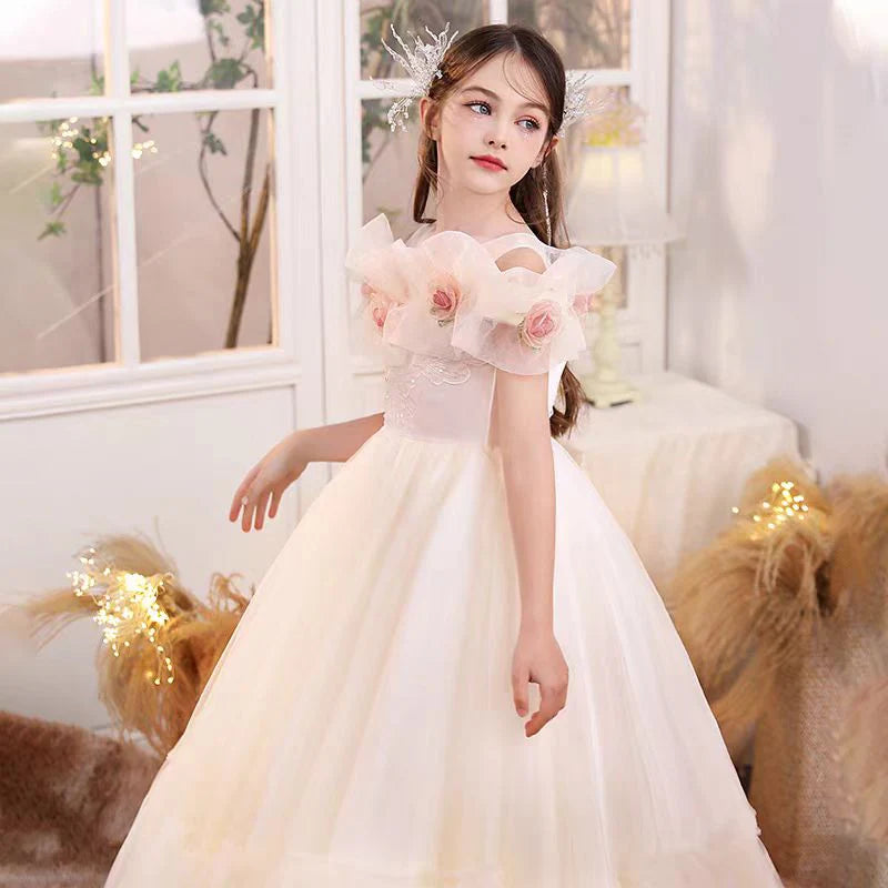 Romantic Champagne Flowers Princess Girl Dress for Birthday Pageant Party Dress