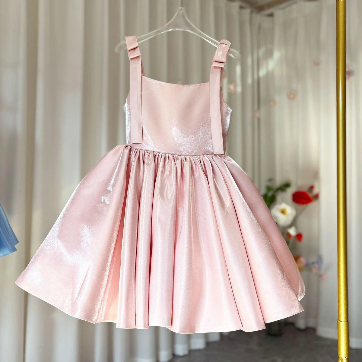 Simple Puffy Square Collar Satin Birthday Party Girl Dress