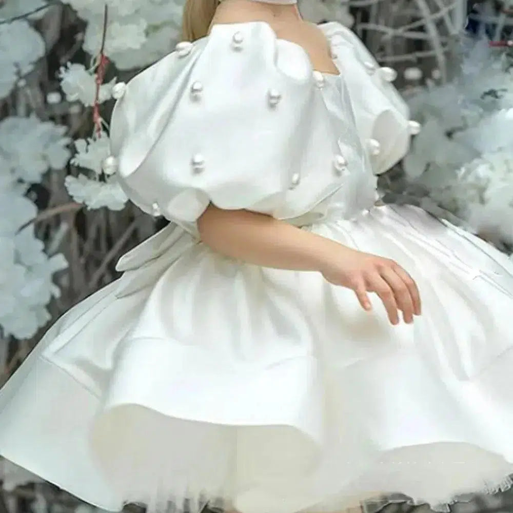 Elegant White Flower Girl Dress Pearls Princess Baby Kids