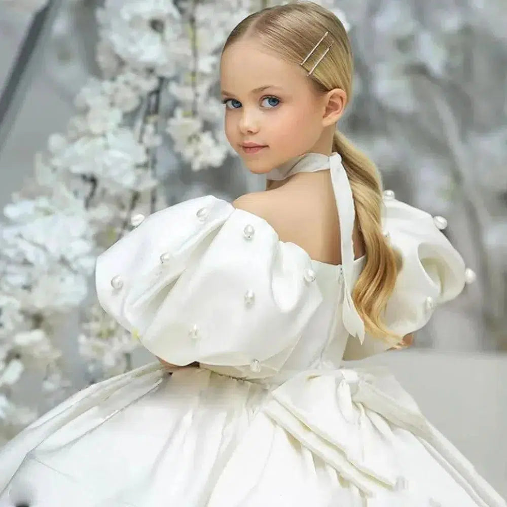 Elegant White Flower Girl Dress Pearls Princess Baby Kids