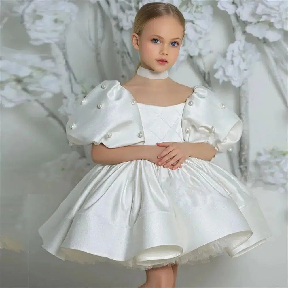 Elegant White Flower Girl Dress Pearls Princess Baby Kids
