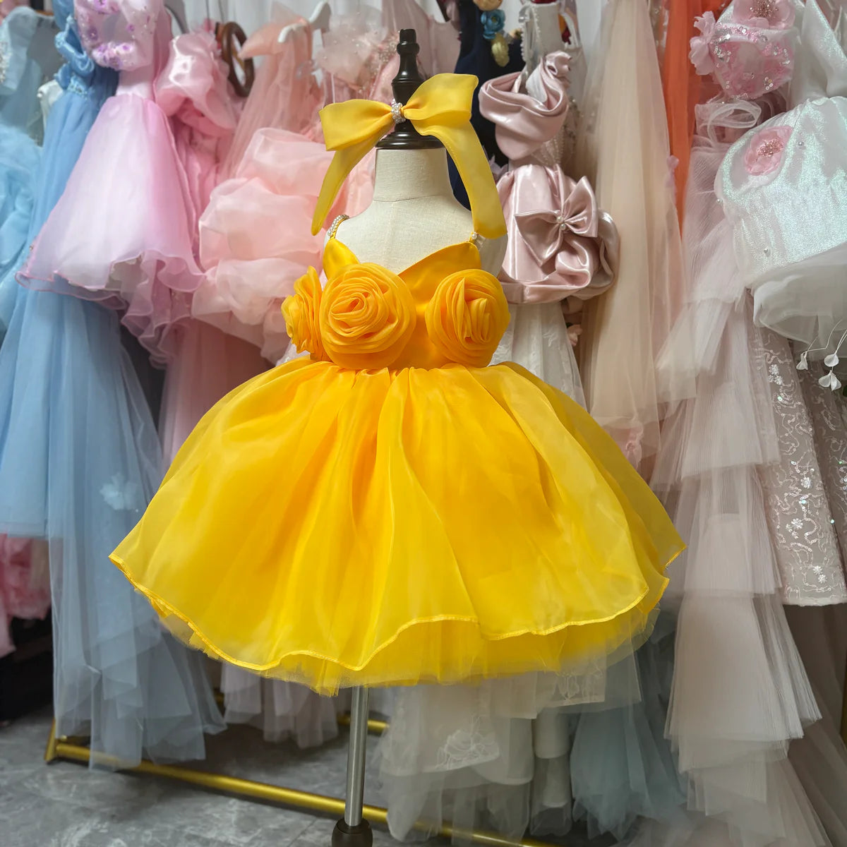 Artistic Summer Bright Birthday for Little Flower Girls Dress with 3D Flowers Tulle