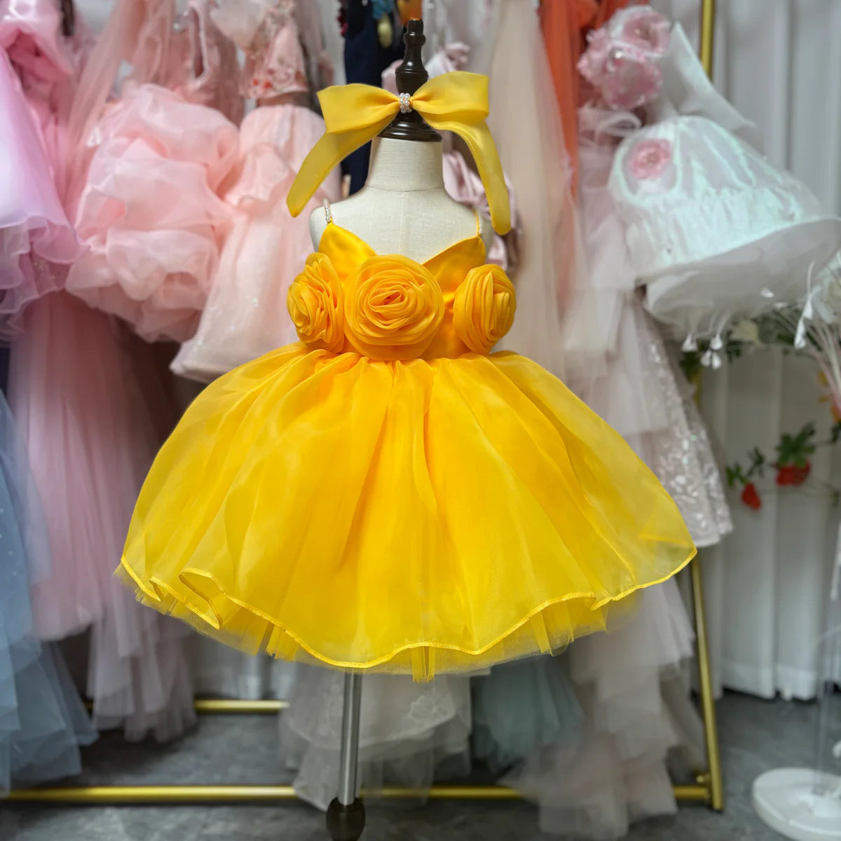 Artistic Summer Bright Birthday for Little Flower Girls Dress with 3D Flowers Tulle