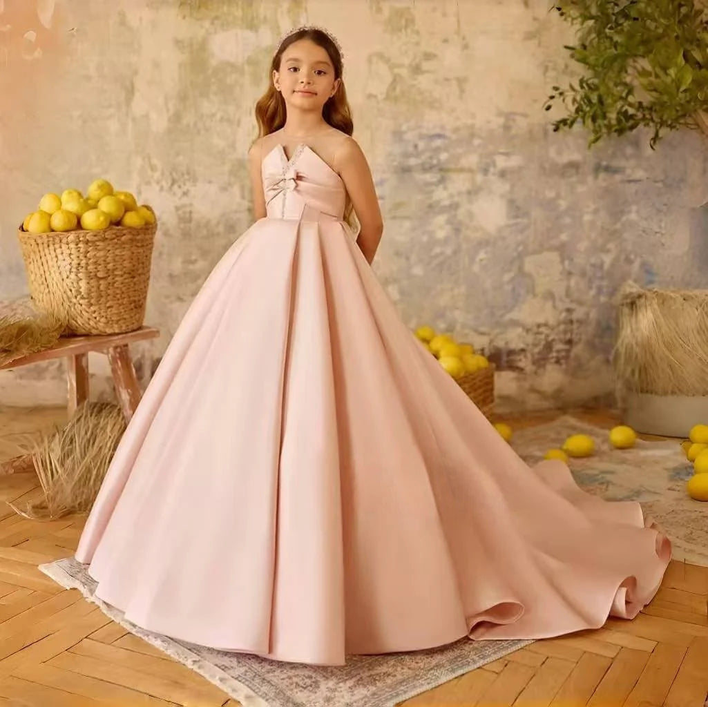 Elegant Soft Pink Flower Girl Dress with Shiny Birthday Party