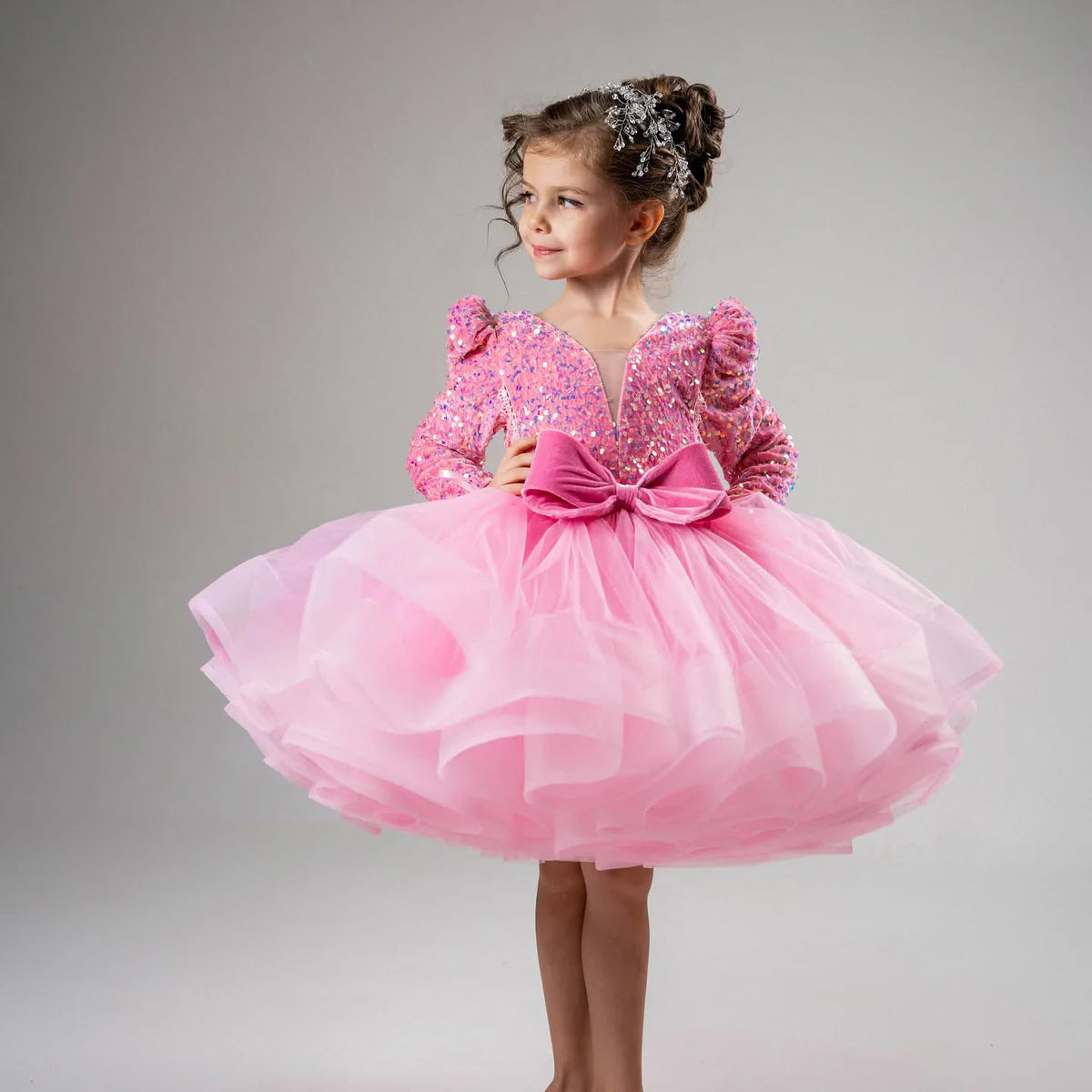 Charming Long Sleeve Flower Girl Dress with Bow Wedding Birthday Holiday Party Ball