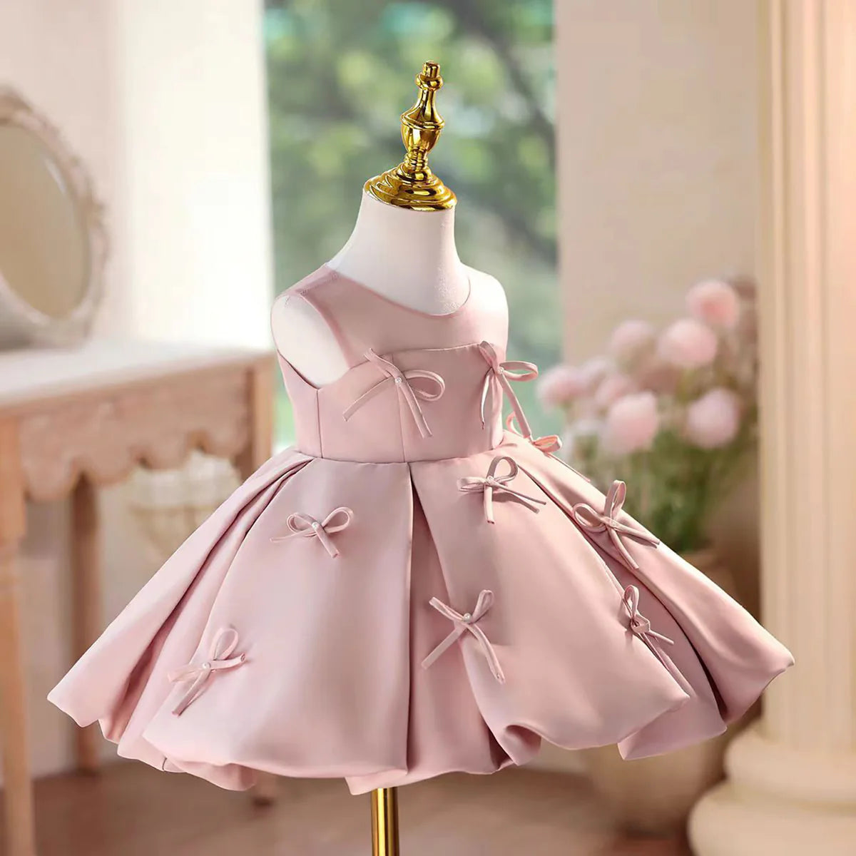 Elegant Pink Bow Sleeveless Knee-Length Flower Girl Dress
