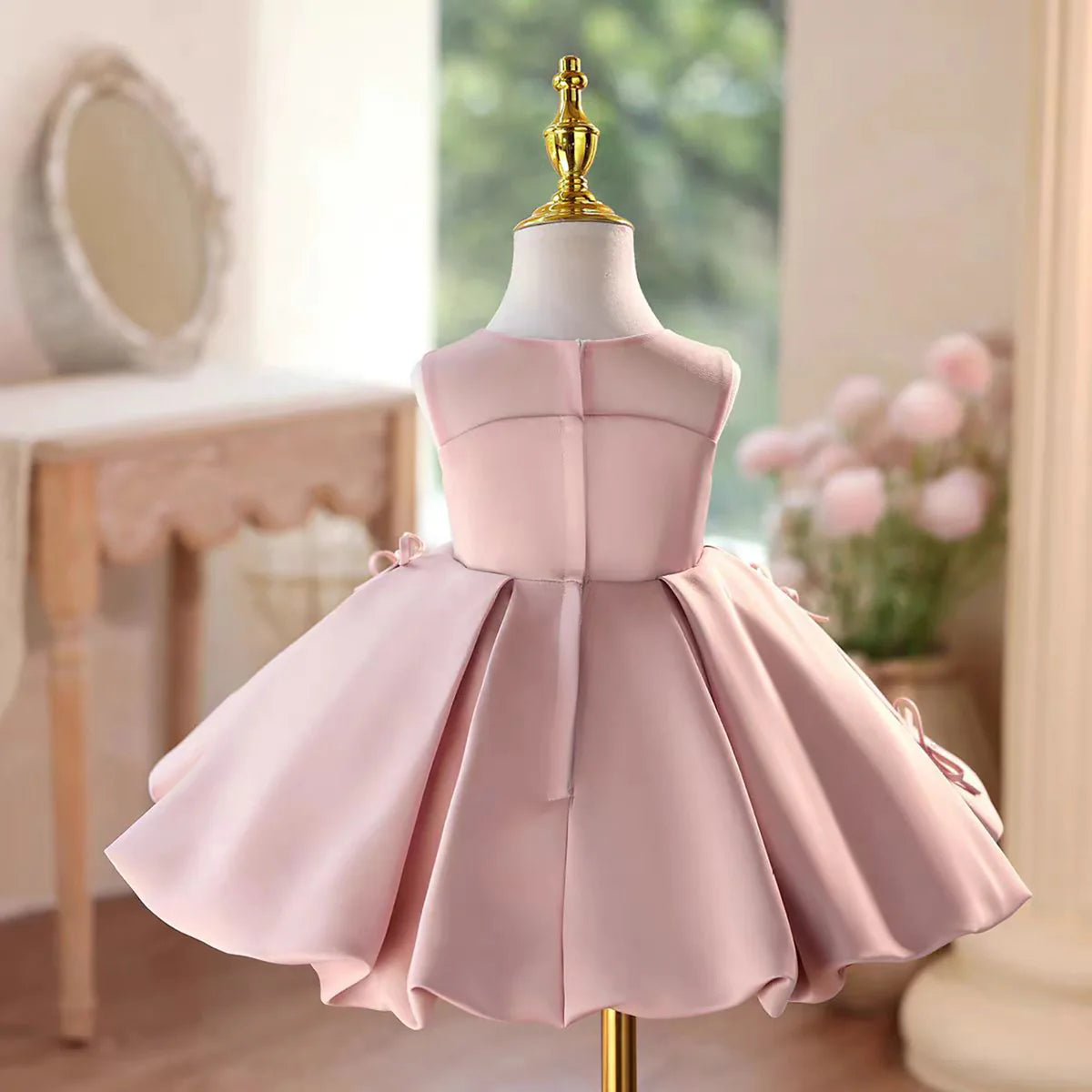 Elegant Pink Bow Sleeveless Knee-Length Flower Girl Dress