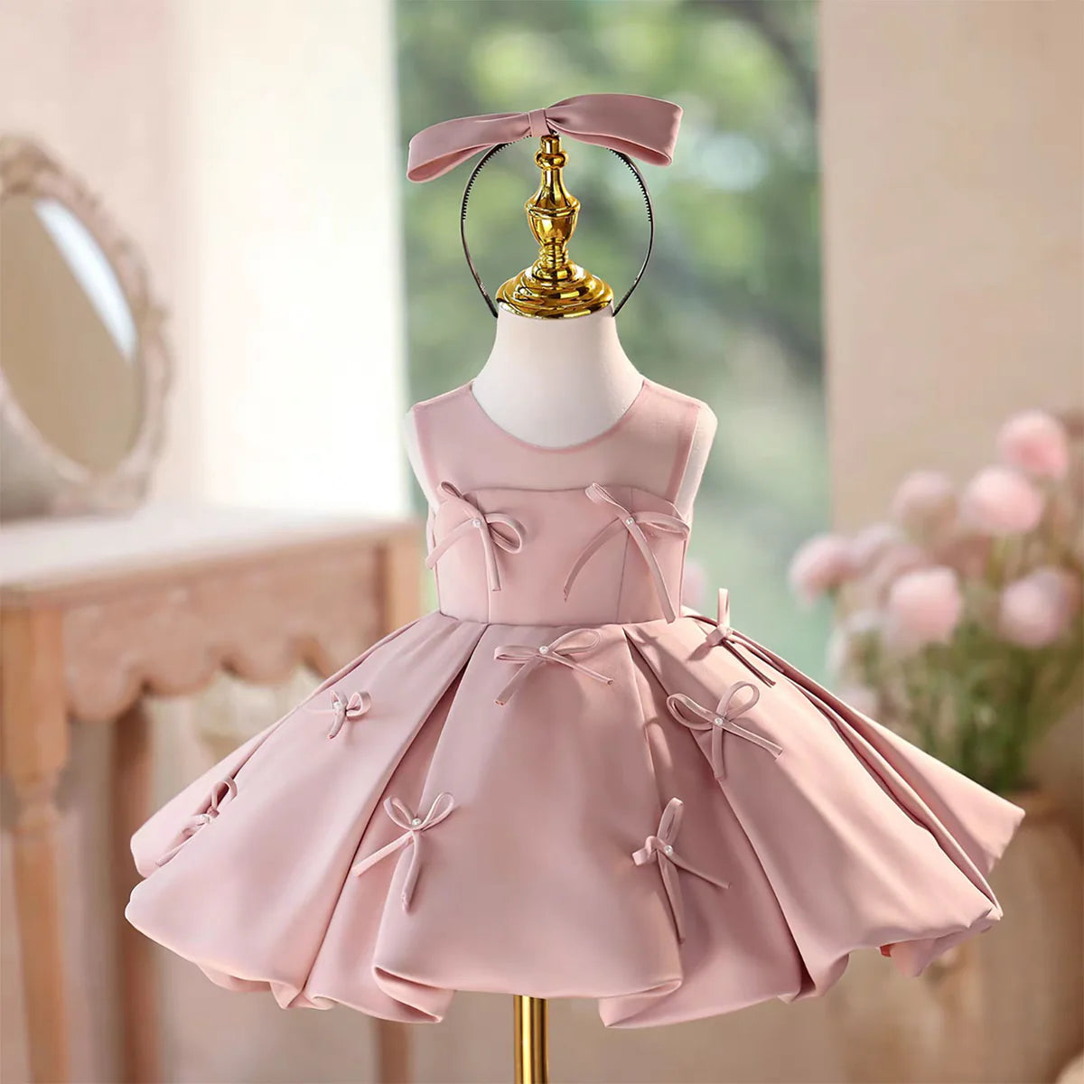 Elegant Pink Bow Sleeveless Knee-Length Flower Girl Dress
