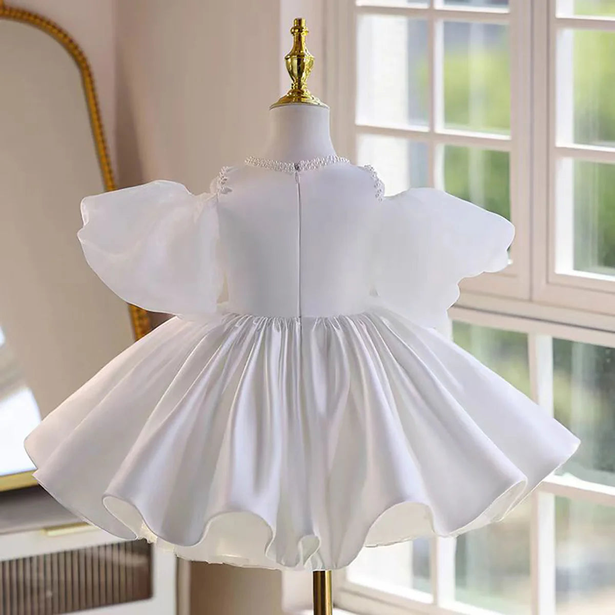 Cute Puff Sleeve Satin Flower Girl Dress