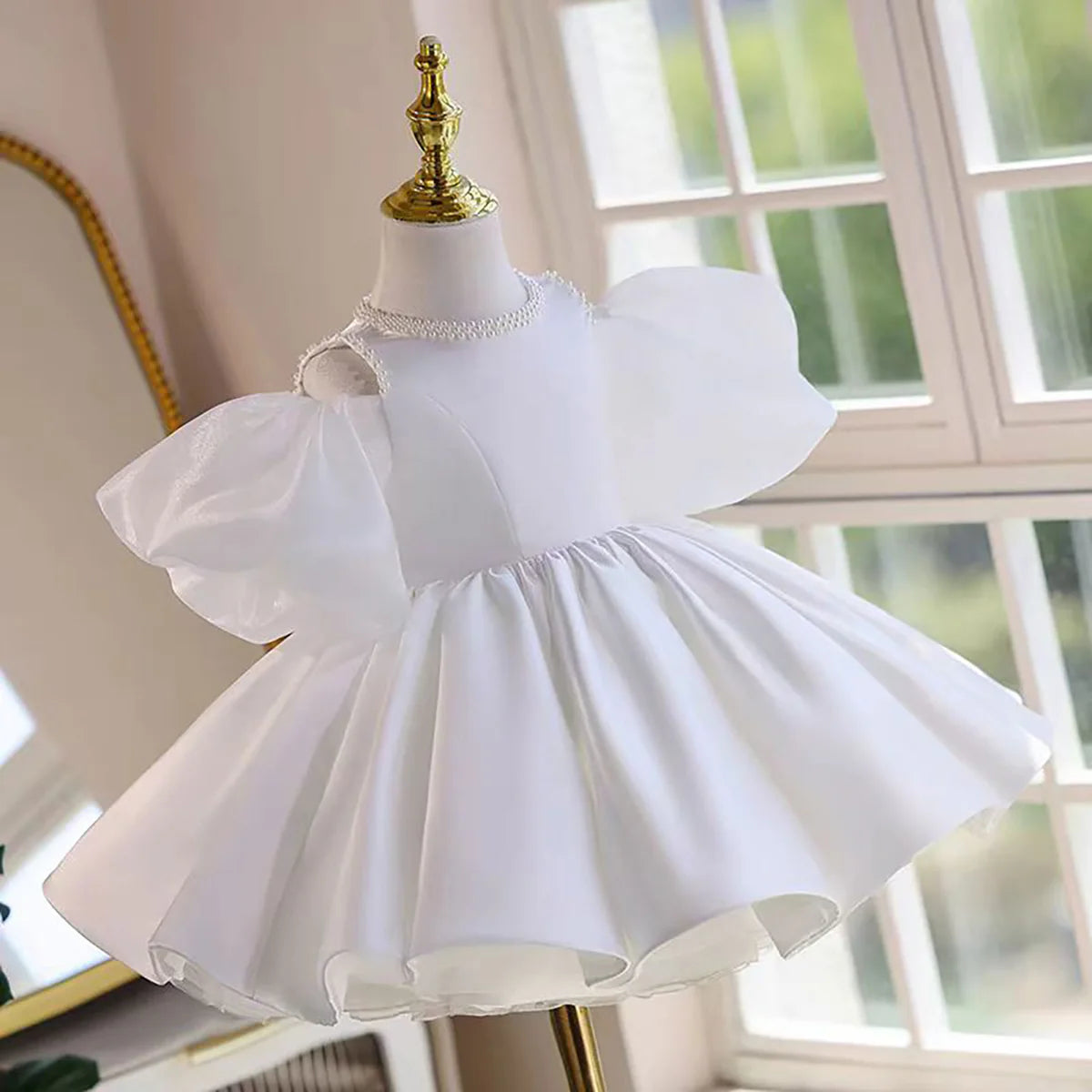 Cute Puff Sleeve Satin Flower Girl Dress