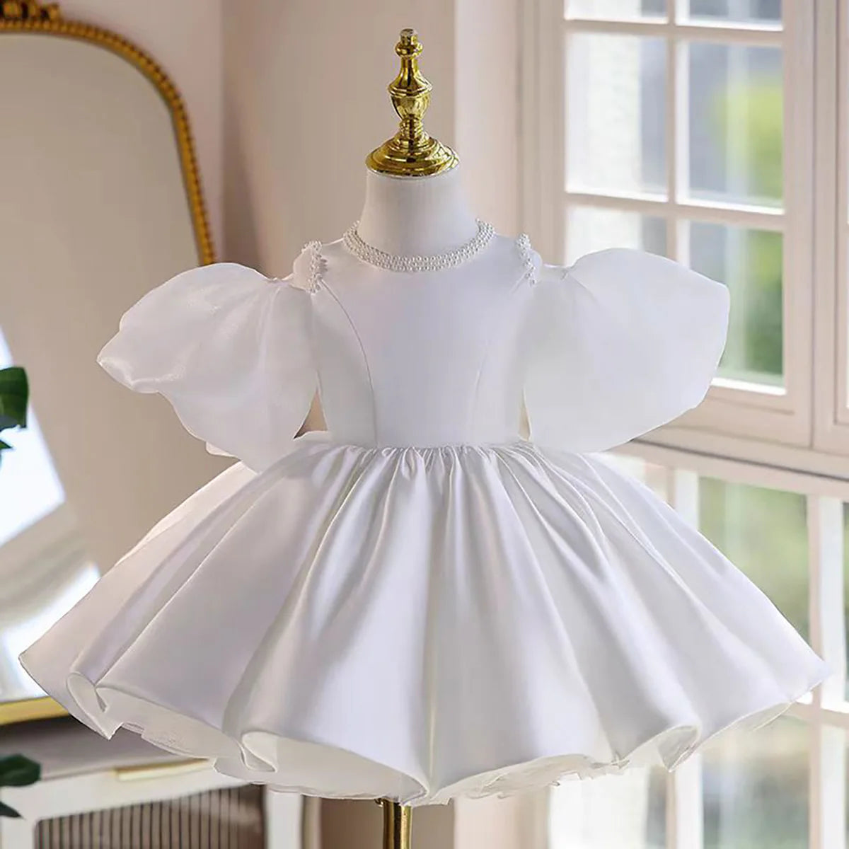 Cute Puff Sleeve Satin Flower Girl Dress