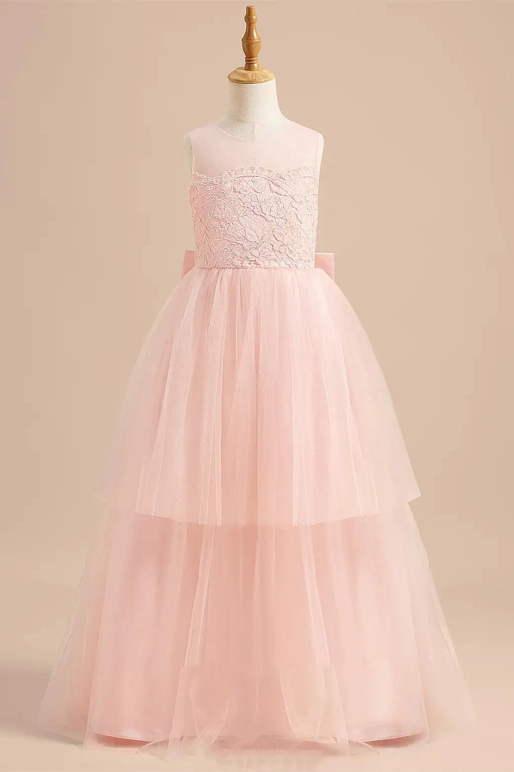 Wedding Flower Girl Dress A-Line Crew Neck Lace Top Layered Tulle Back Bow Elegant Girl Communion Formal Dress Princess Dress