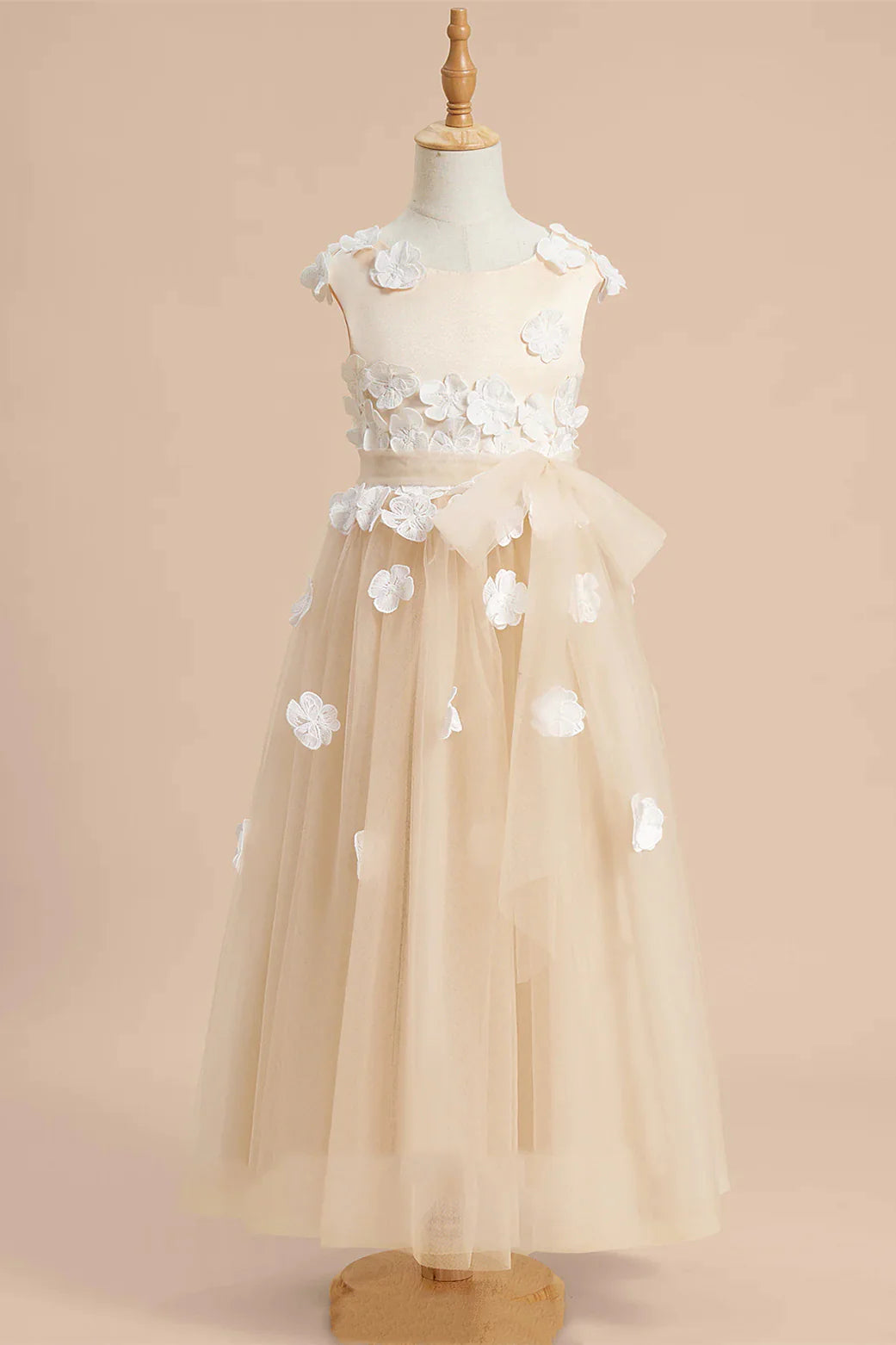 Wedding Flower Girl Dress A-Line Round Neck Sleeveless Champagne 3D Flower Tea Length Tulle Fantastic Girl Communion Formal Dress Princess Dress