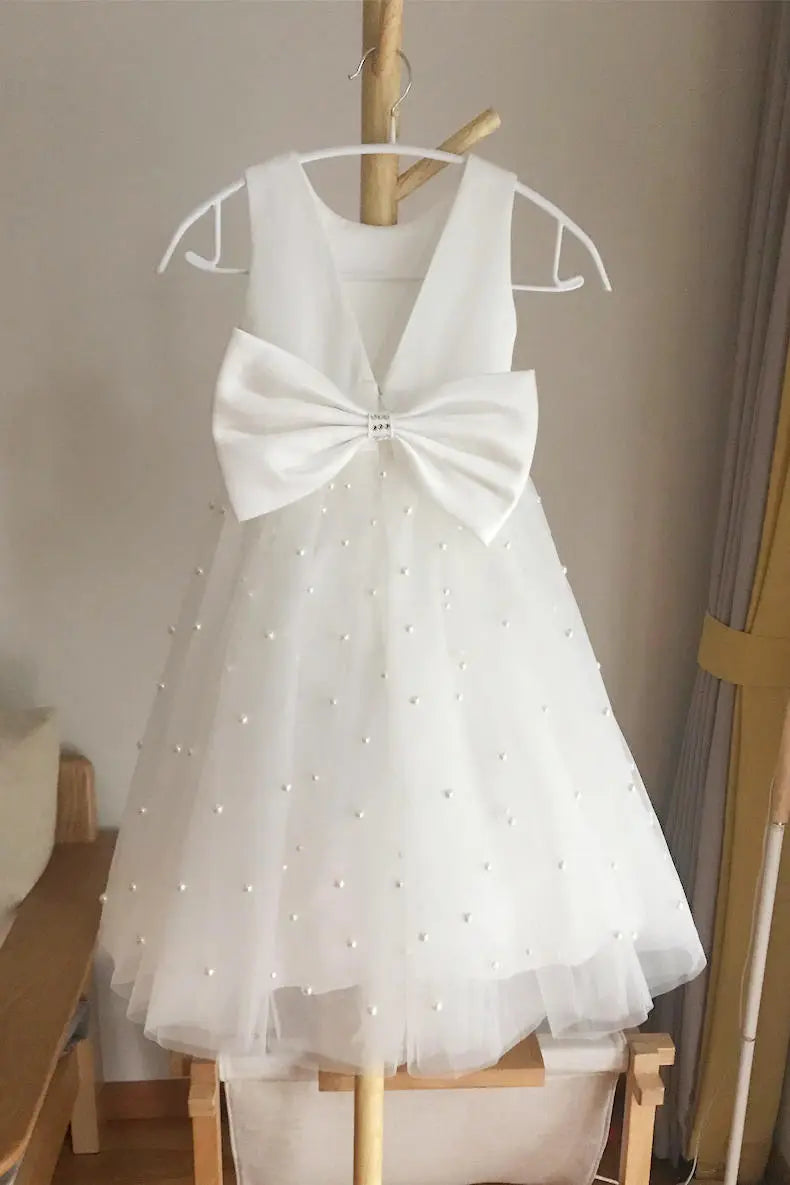 Wedding Flower Girl Dress A-Line Round Neck Sleeveless Girl Party Dress with Pearls Girl Communion Formal Dress Princess Dress