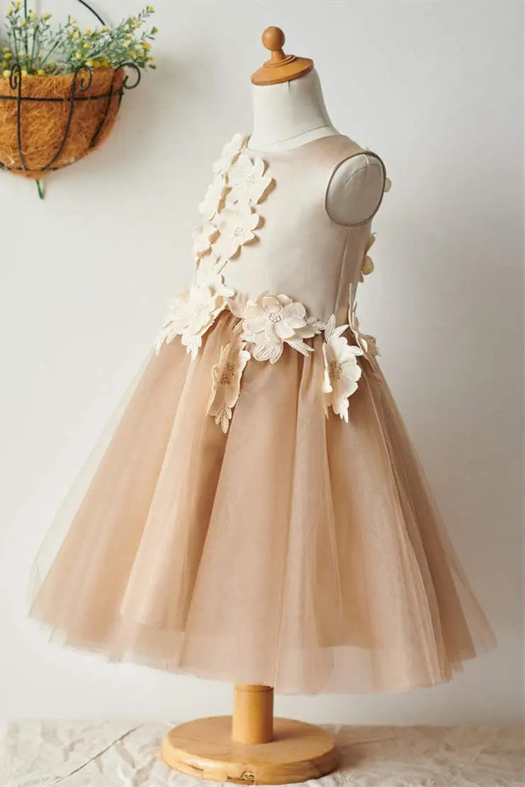 Wedding Flower Girl Dress A-Line Round Neck Sleeveless with Beautiful Flowers Elegant Girl Communion Formal Dress Princess Dress