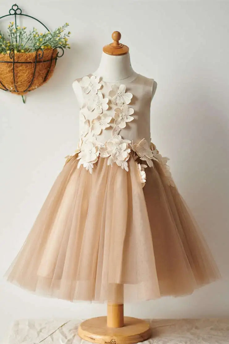 Wedding Flower Girl Dress A-Line Round Neck Sleeveless with Beautiful Flowers Elegant Girl Communion Formal Dress Princess Dress