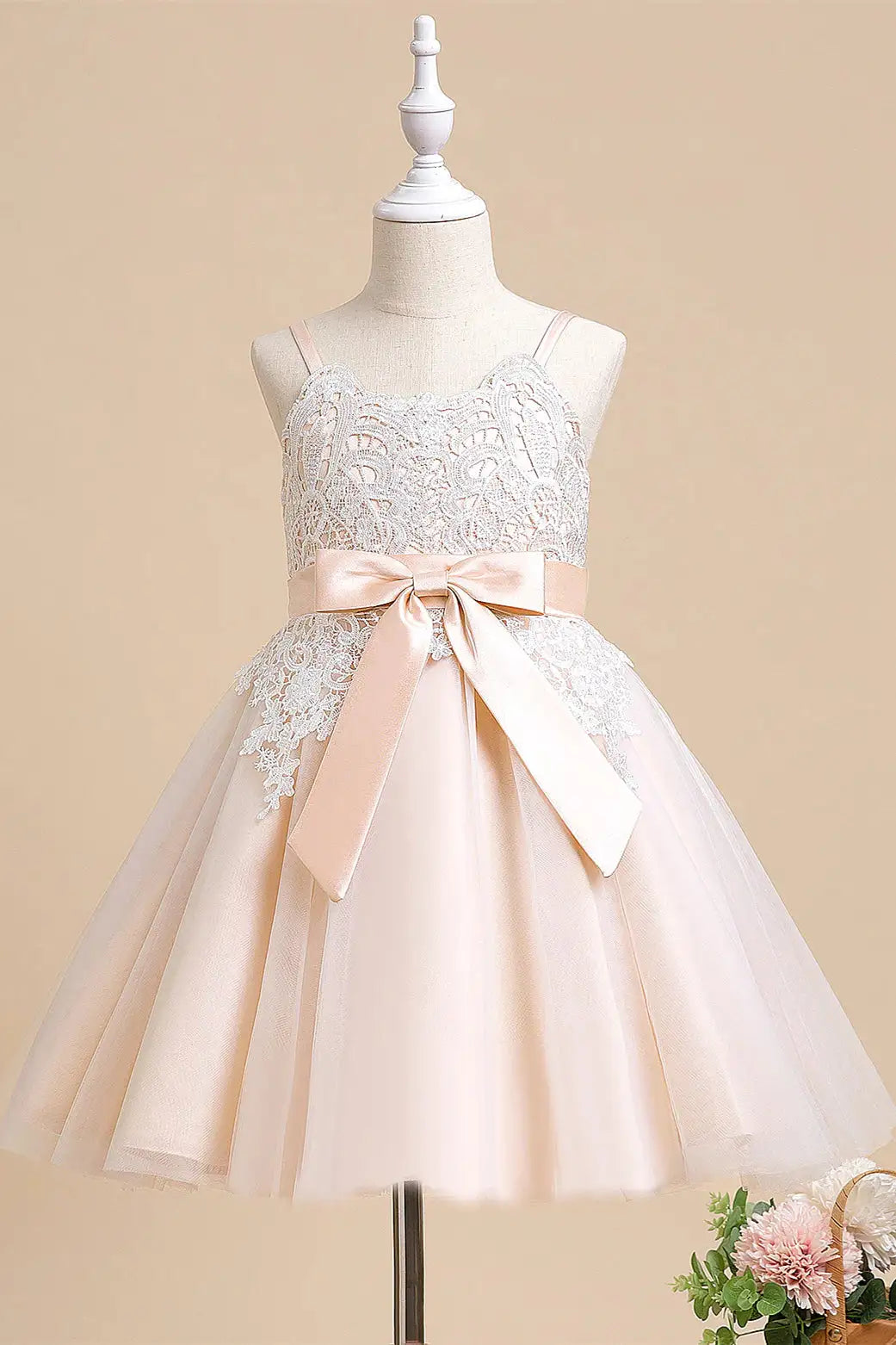 Wedding Flower Girl Dress A-Line Spaghetti Strap Lace Applique Top with BeltGirl Elegant Girl Communion Formal Dress Princess Dress