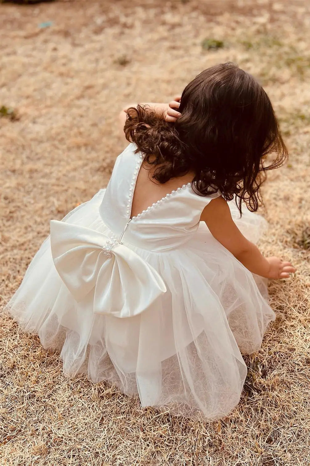 Wedding Flower Girl Dress A Line Beaded Crew Neck Sleeveless V Back Cute Girl Communion Formal Dress Princess Dress