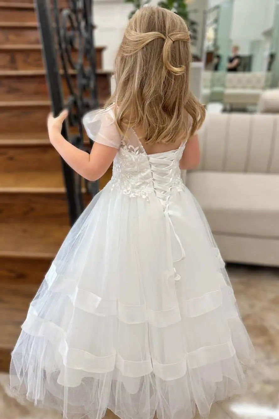 Wedding Flower Girl Dress A Line Lace-Up with Balloon Sleeves Lace Applique Fashion Long Girl Communion Formal Dress Princess Dress