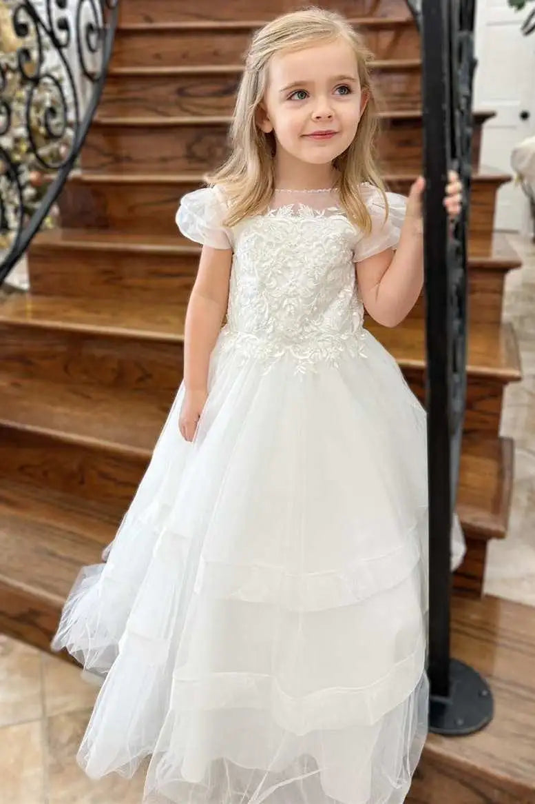Wedding Flower Girl Dress A Line Lace-Up with Balloon Sleeves Lace Applique Fashion Long Girl Communion Formal Dress Princess Dress