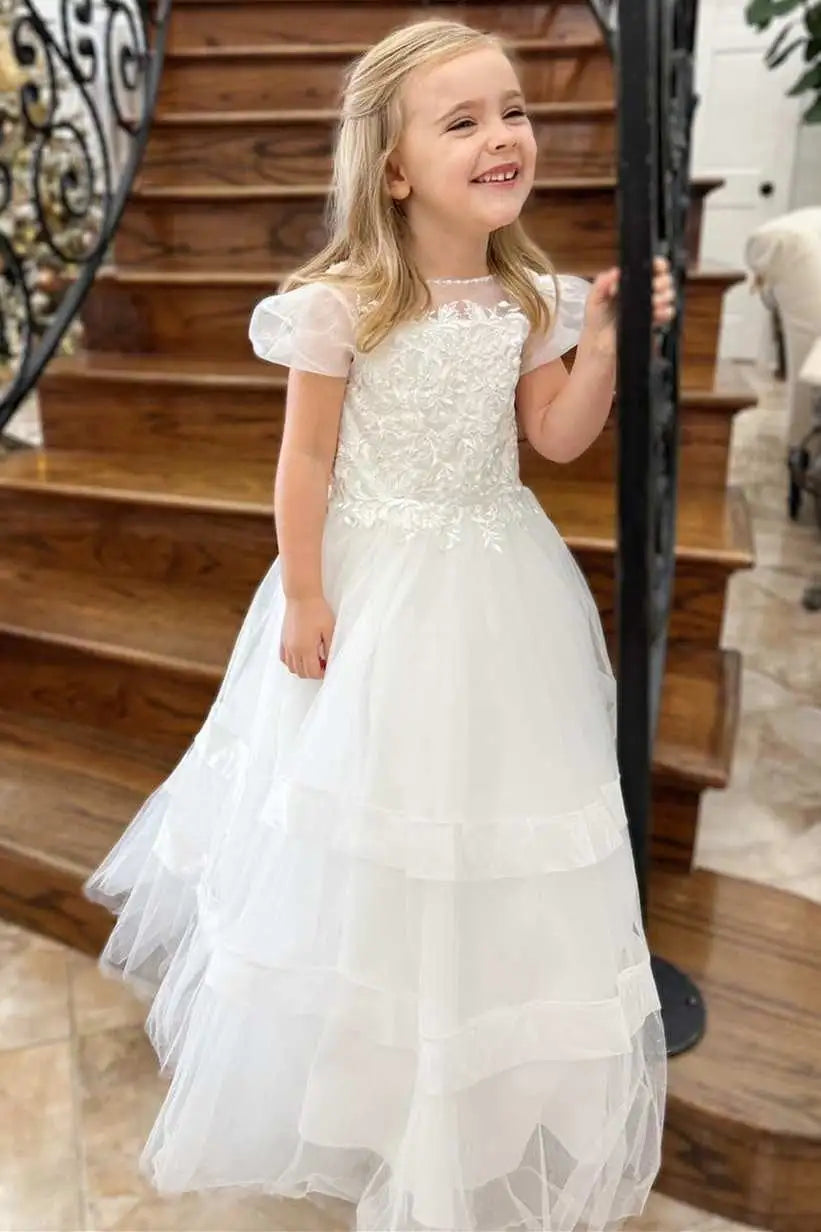 Wedding Flower Girl Dress A Line Lace-Up with Balloon Sleeves Lace Applique Fashion Long Girl Communion Formal Dress Princess Dress