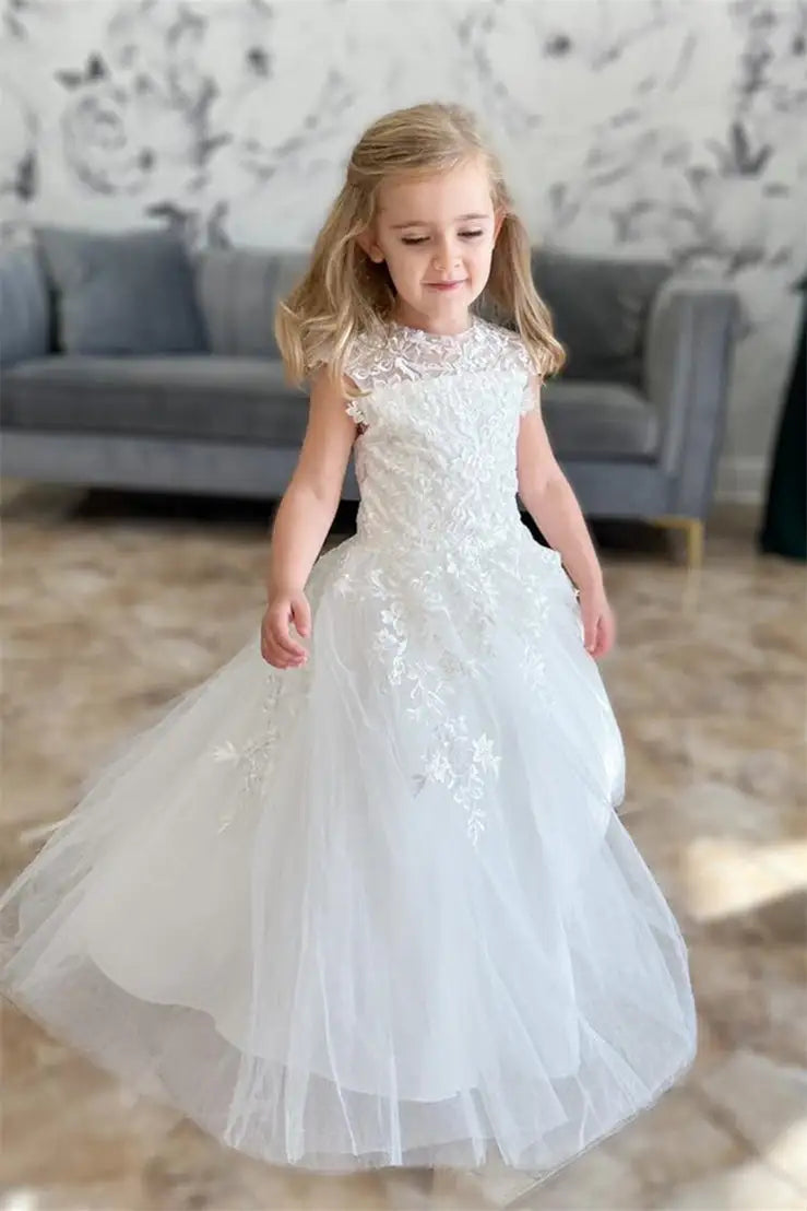 Wedding Flower Girl Dress A Line Round Neck Cap Sleeves Lace Applique Exquisite Long Girl Communion Formal Dress Princess Dress