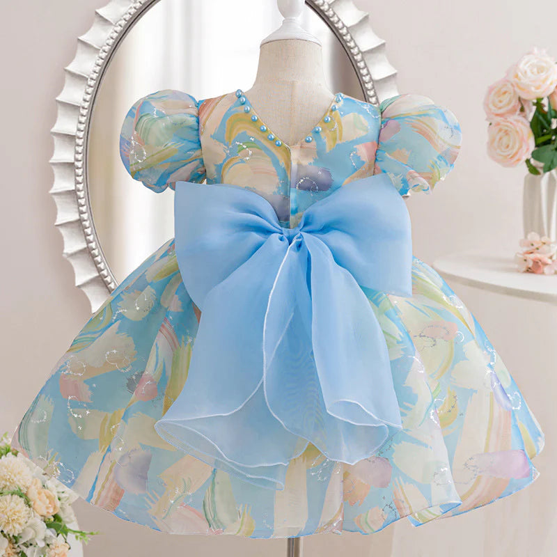 Wedding Flower Girl Dress A Line Round Neck Puff Sleeve Beadwork Girl Communion Formal Dress One-Year-Old Birthday Party Dress Cute Girl Princess Dress