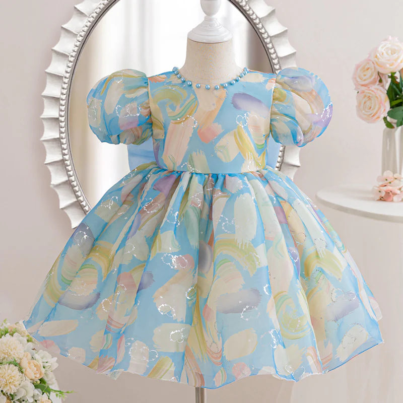 Wedding Flower Girl Dress A Line Round Neck Puff Sleeve Beadwork Girl Communion Formal Dress One-Year-Old Birthday Party Dress Cute Girl Princess Dress