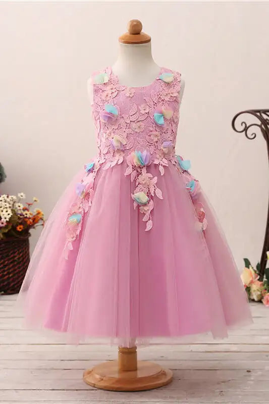 Wedding Flower Girl Dress A Line Round Neck Sleeveless 3D Flowers With Lace Appliques Exquisite Cute Girl Communion Formal Dress Princess Dress