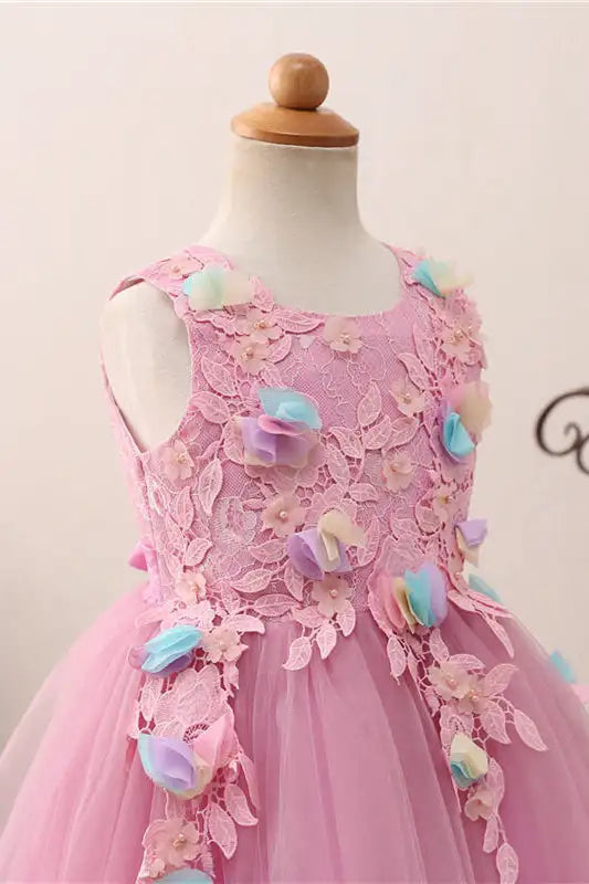 Wedding Flower Girl Dress A Line Round Neck Sleeveless 3D Flowers With Lace Appliques Exquisite Cute Girl Communion Formal Dress Princess Dress