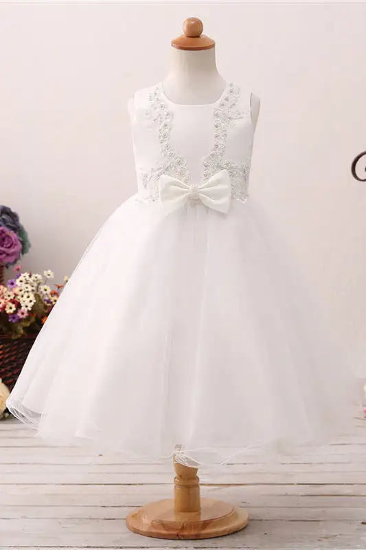 Wedding Flower Girl Dress A Line Round Neck Sleeveless Beadwork with Bow Cute Toddler Girl Communion Formal Dress Princess Dress