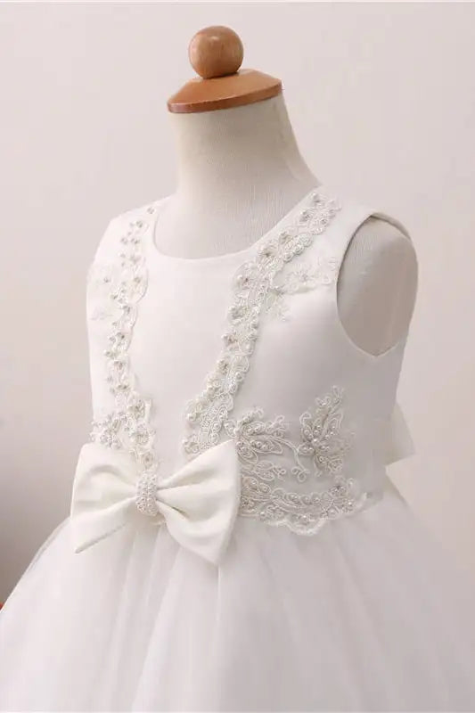 Wedding Flower Girl Dress A Line Round Neck Sleeveless Beadwork with Bow Cute Toddler Girl Communion Formal Dress Princess Dress
