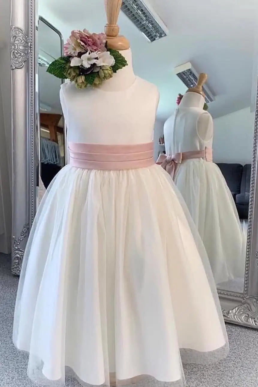 Wedding Flower Girl Dress A Line Round Neck Sleeveless Chic Pink Belt Bow Elegant Long Girl Communion Formal Dress Princess Dress