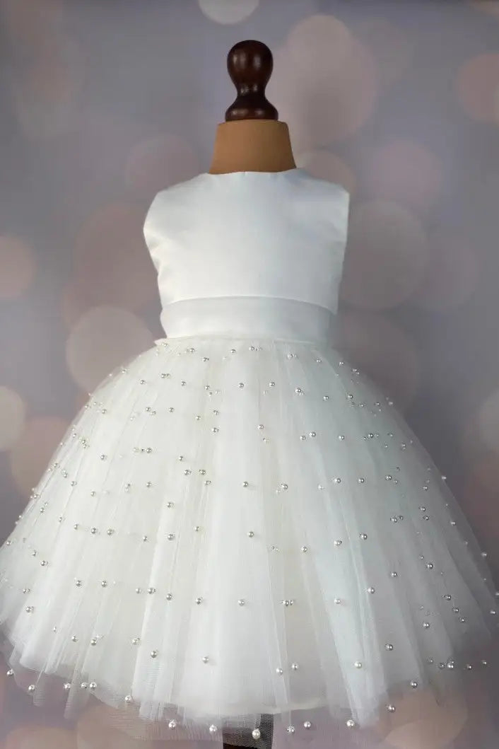 Wedding Flower Girl Dress A Line Round Neck Sleeveless V-Back Bow Beaded Cute Girl Communion Formal Dress Princess Dress