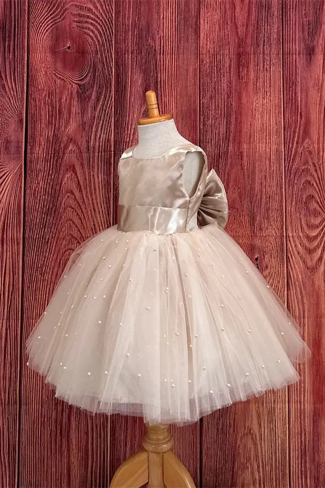 Wedding Flower Girl Dress A Line Round Neck Sleeveless with Pearls V-Back With Bow Adorable Girl Communion Formal Dress Princess Dress