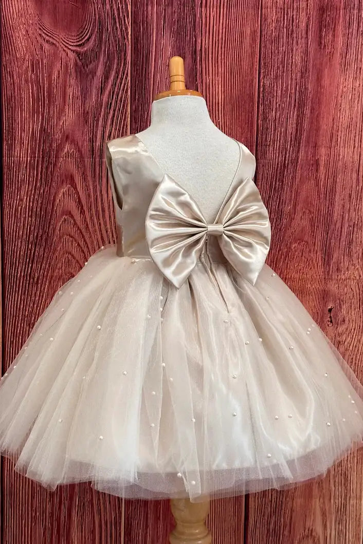 Wedding Flower Girl Dress A Line Round Neck Sleeveless with Pearls V-Back With Bow Adorable Girl Communion Formal Dress Princess Dress