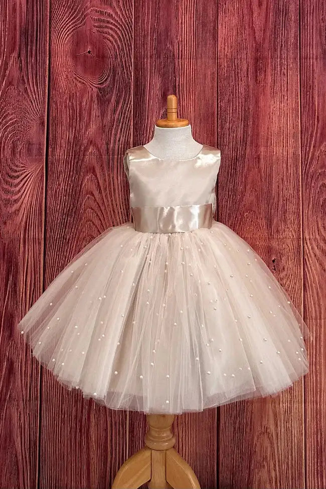 Wedding Flower Girl Dress A Line Round Neck Sleeveless with Pearls V-Back With Bow Adorable Girl Communion Formal Dress Princess Dress