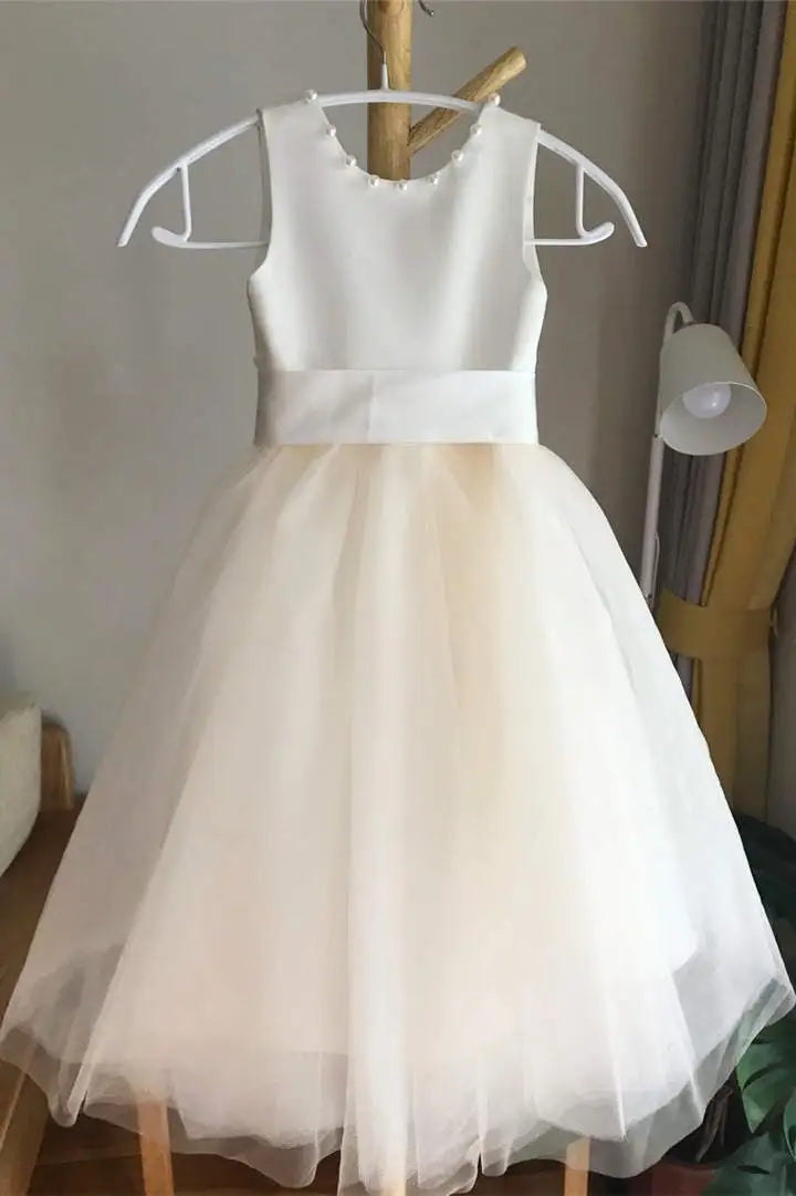 Wedding Flower Girl Dress A Line Round Neck V-Back Bow with Pearls Elegant Girl Communion Formal Dress Princess Dress