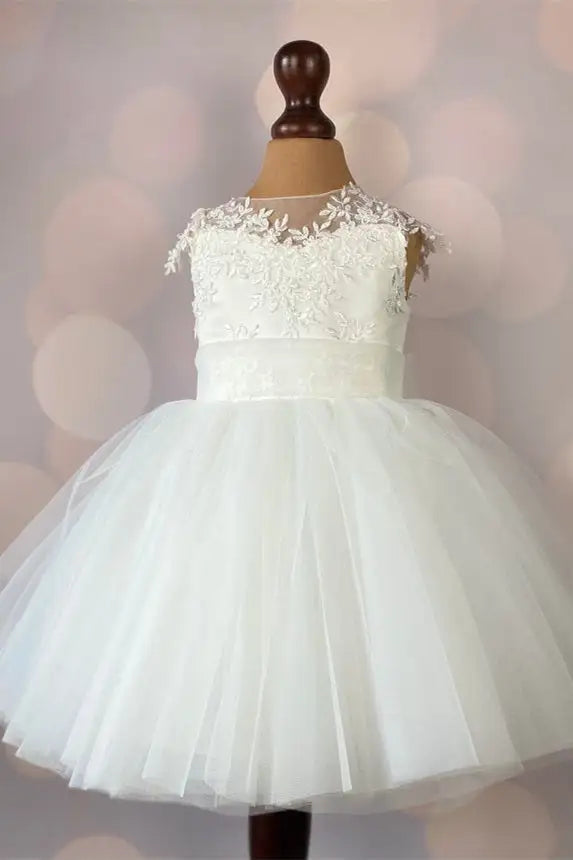 Wedding Flower Girl Dress A Line Sleeveless Lace Appliqued V Back Bow Cute Girl Communion Formal Dress Princess Dress