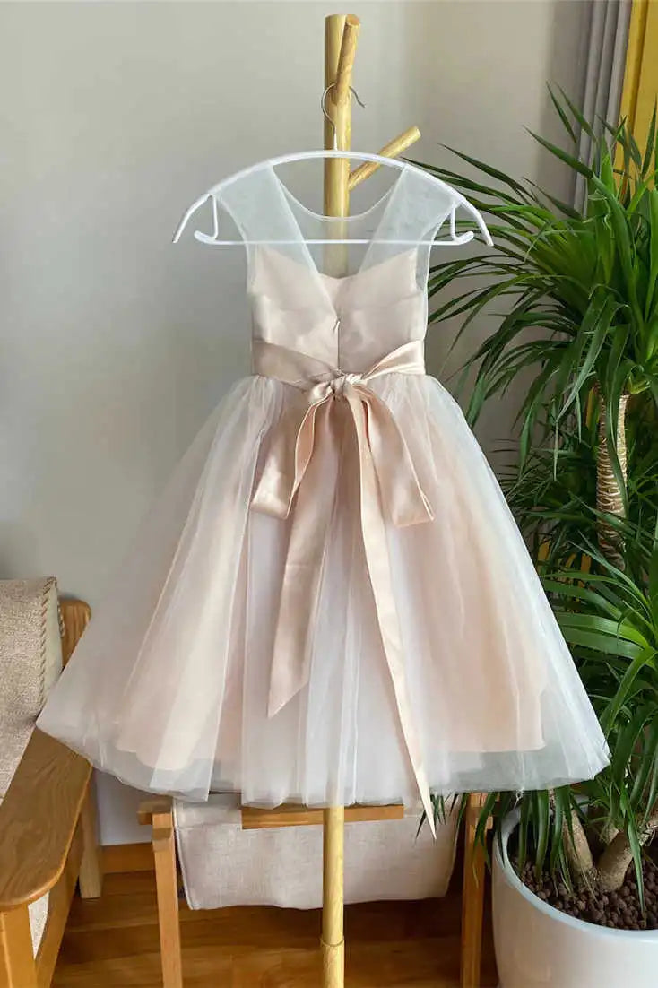 Wedding Flower Girl Dress A Line Sleeveless Simple with Belt Long Elegant Girl Communion Formal Dress Princess Dress