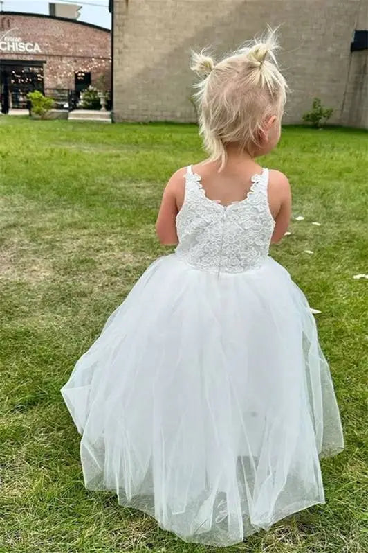 Wedding Flower Girl Dress A Line Spaghetti Strap Lace Applique Tulle Cute Girl Communion Formal Dress Princess Dress