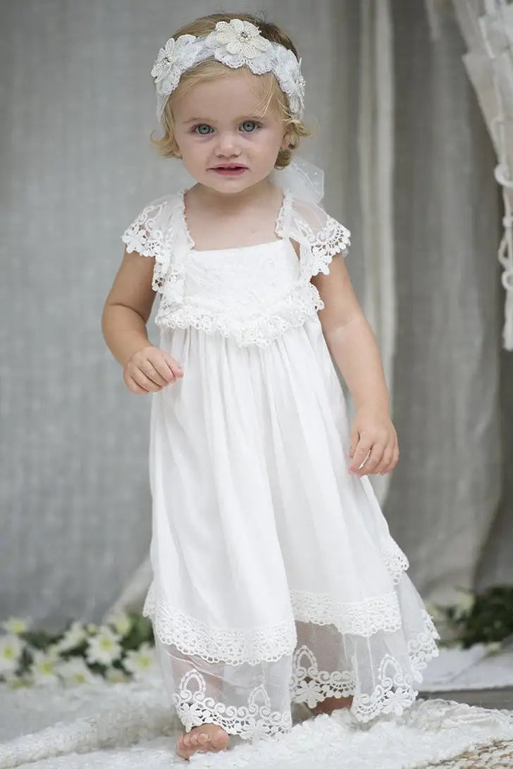 Wedding Flower Girl Dress Adorable Lace Chiffon Long with Criss Back Girl Communion Formal Dress Princess Dress