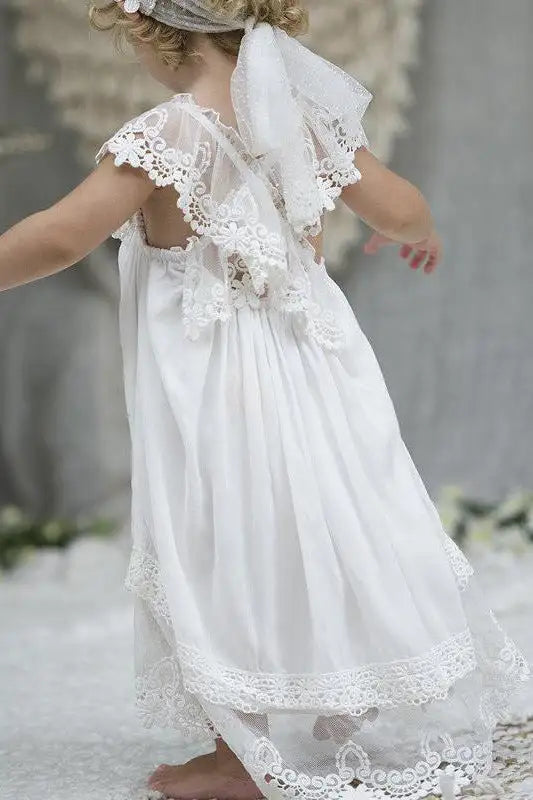 Wedding Flower Girl Dress Adorable Lace Chiffon Long with Criss Back Girl Communion Formal Dress Princess Dress
