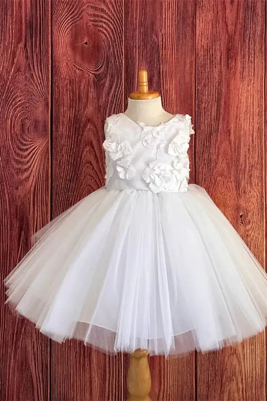 Wedding Flower Girl Dress Cute A-Line Round Neck Sleeveless V-Back with 3D Flowers Exquisite Girl Communion Formal Dress Princess Dress